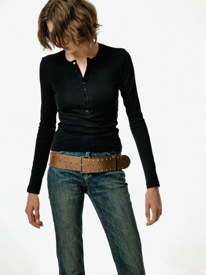 Vintage Studded Leather Belt In Black And Brown
