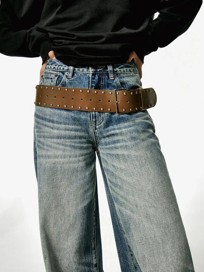 Vintage Studded Leather Belt In Black And Brown