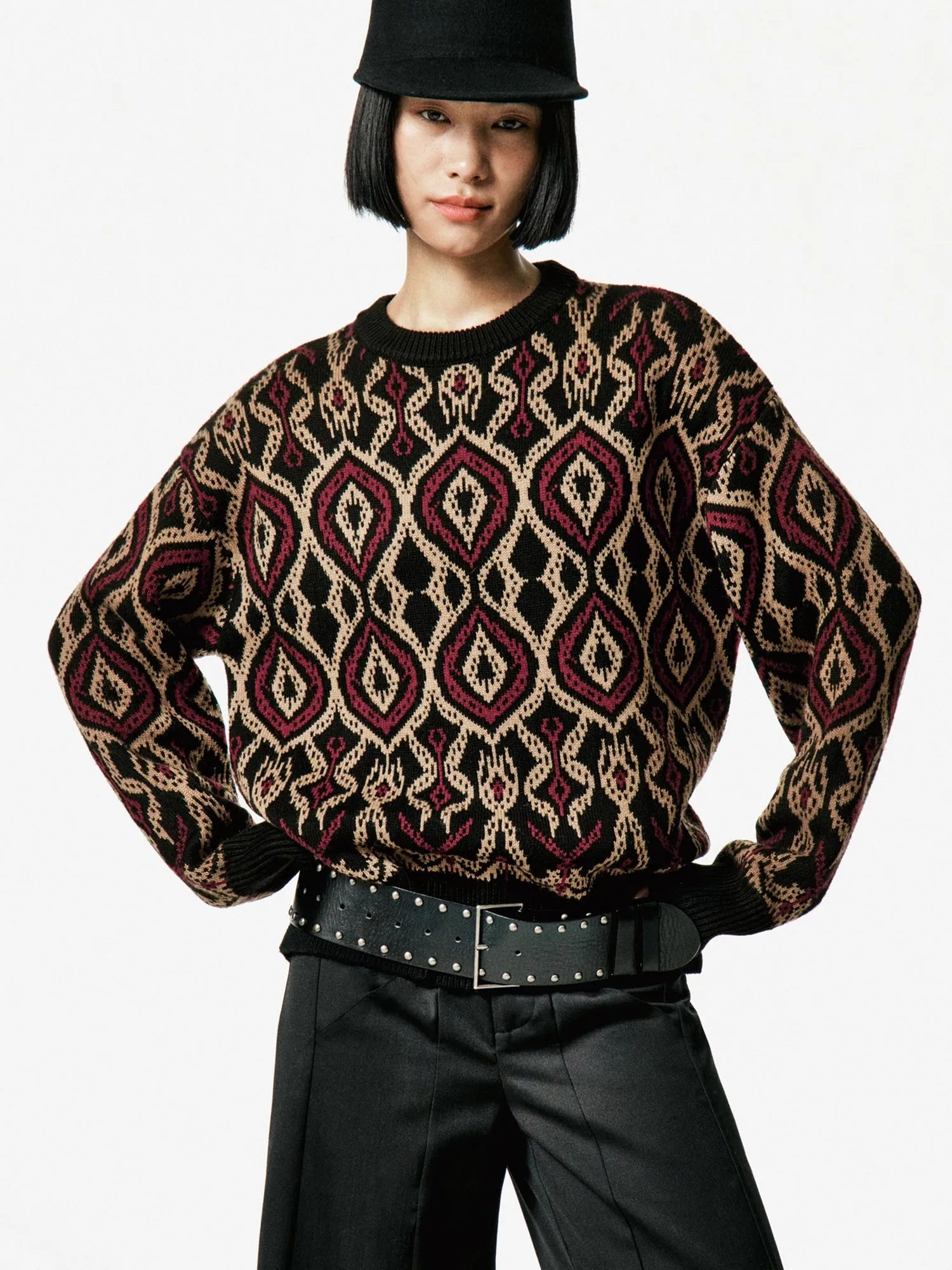 Vintage Studded Leather Belt In Black And Brown