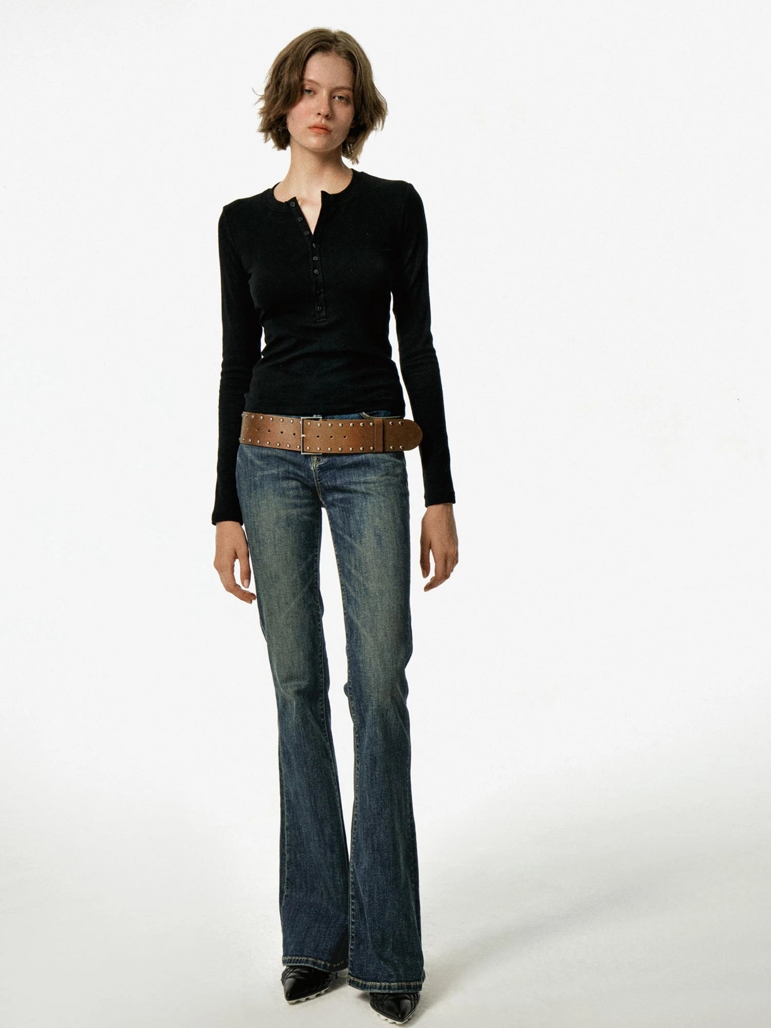 Vintage Studded Leather Belt In Black And Brown