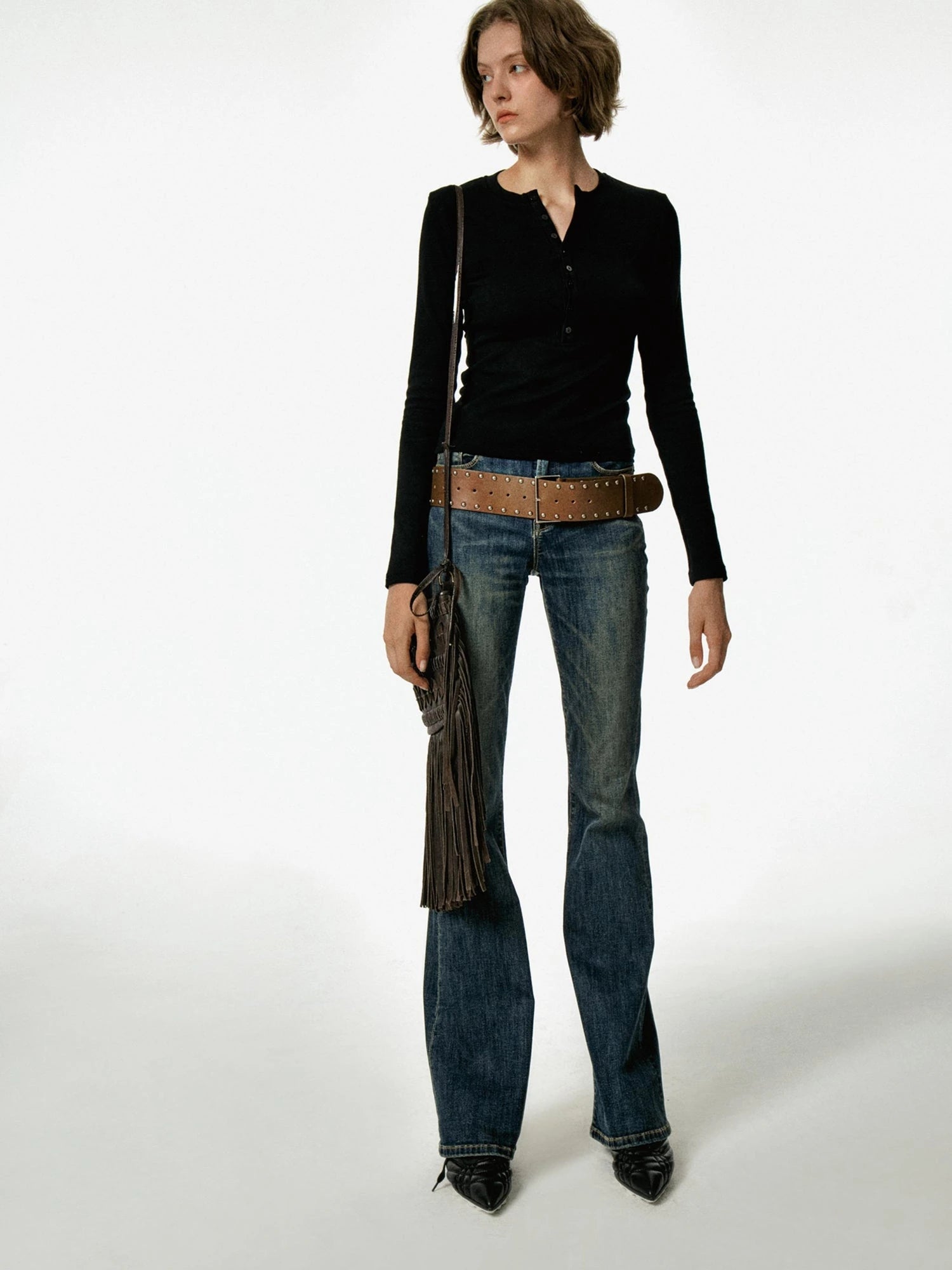 Vintage Studded Leather Belt In Black And Brown