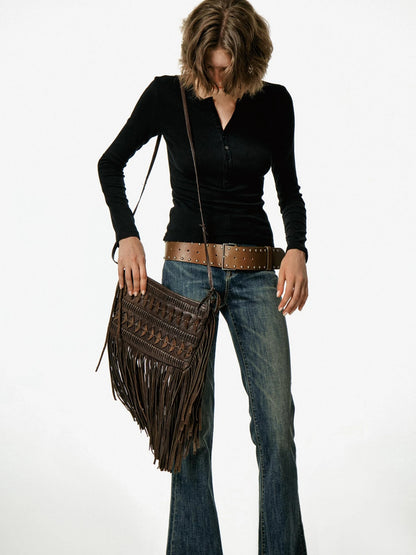 Vintage Studded Leather Belt In Black And Brown