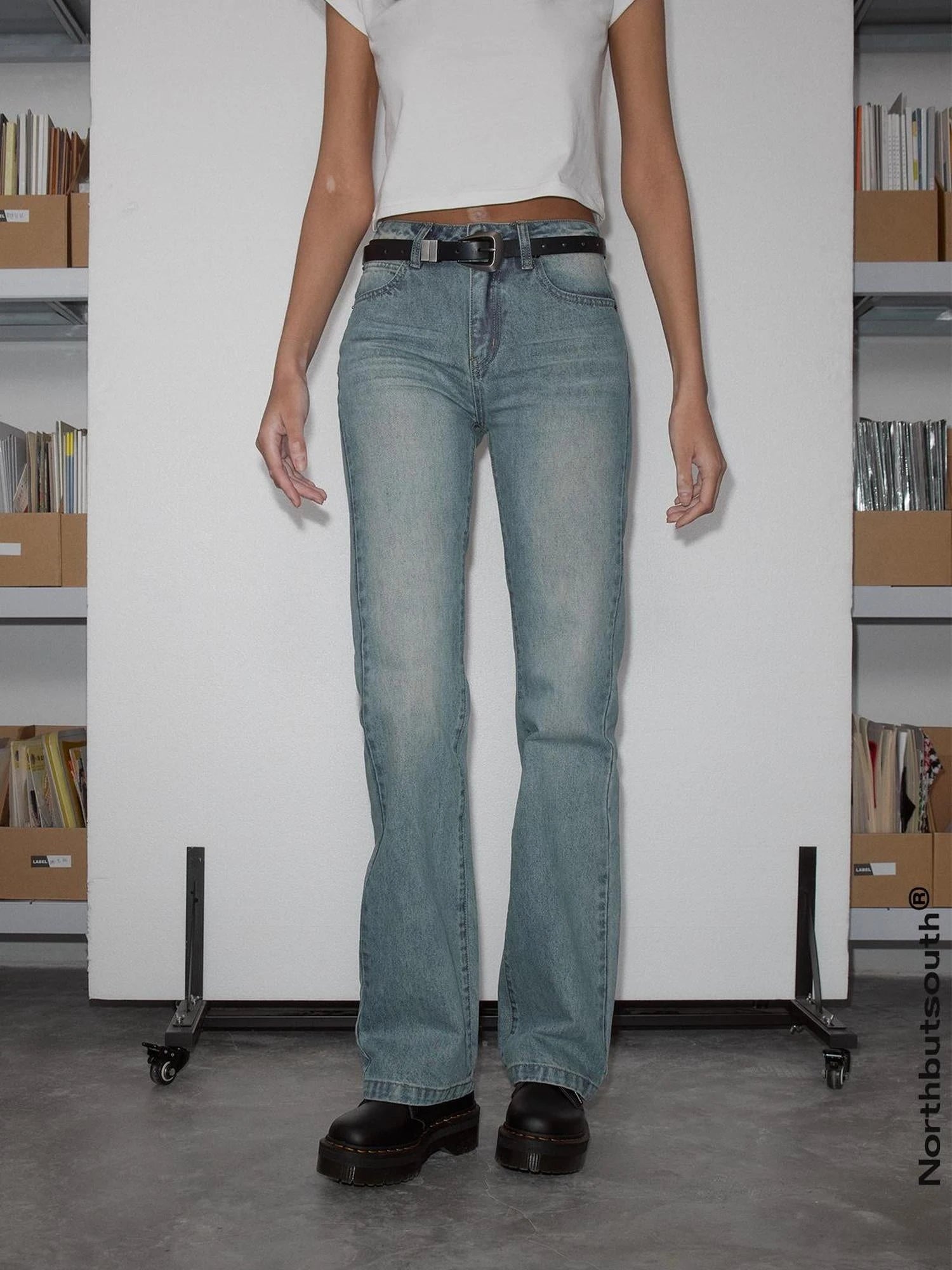 Vintage Washed Blue Slim Fit Straight Leg Jeans