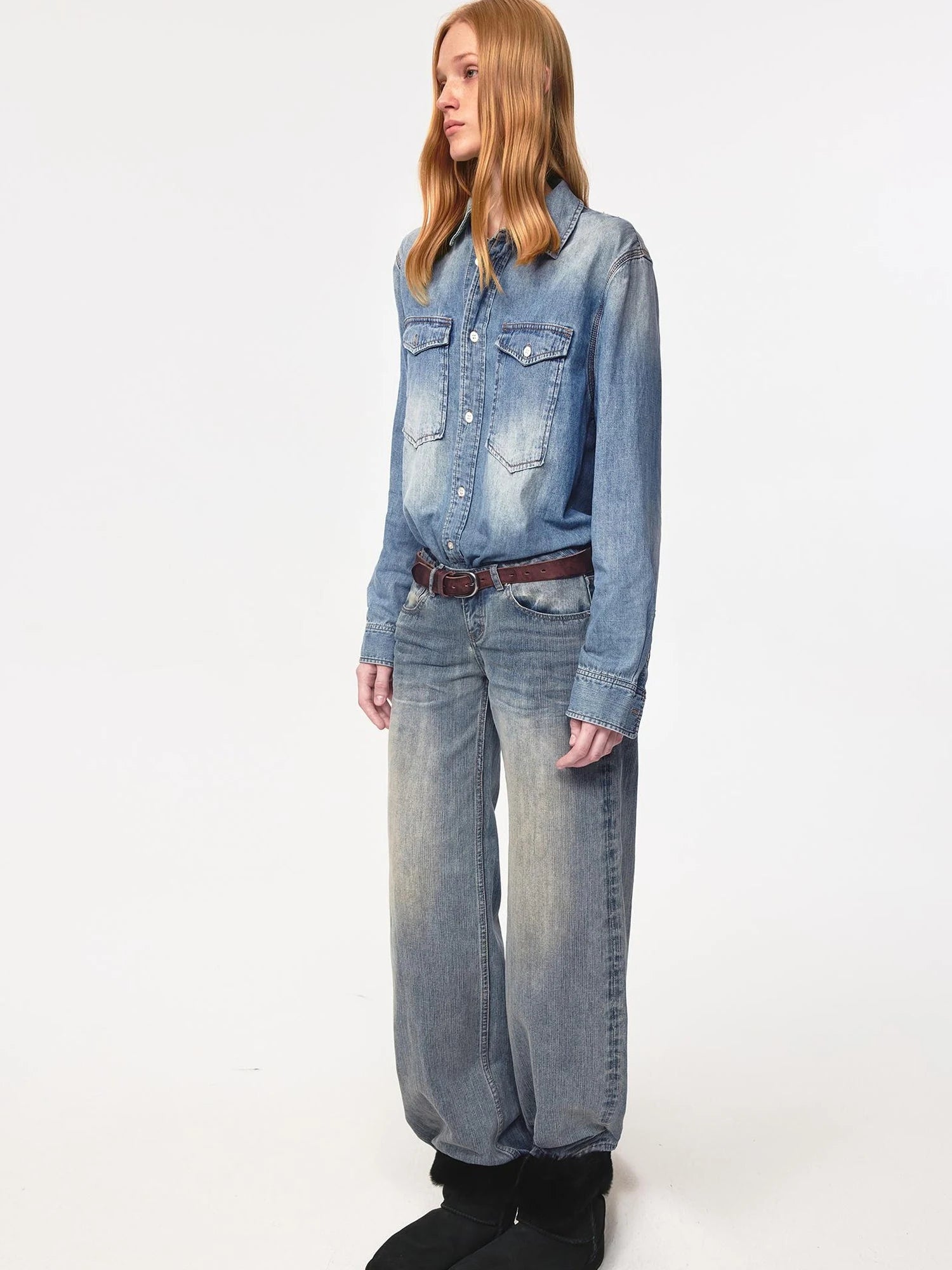 Vintage Washed Denim Shirt Jacket Lightweight Loose Fit