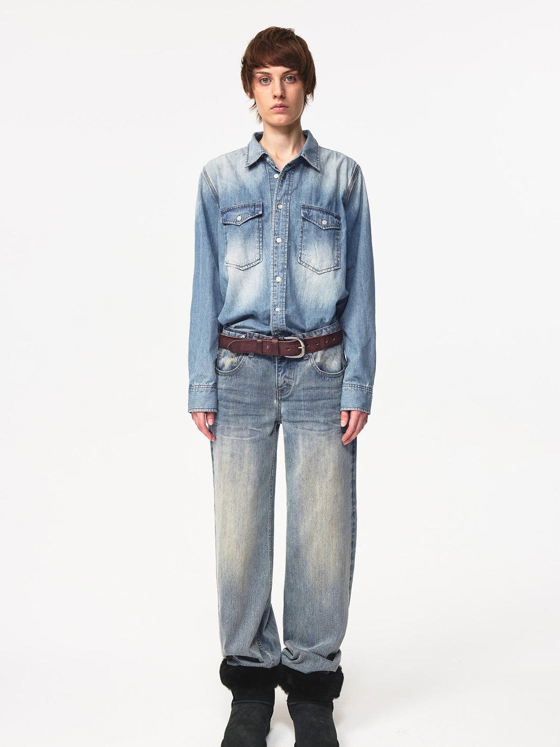 Northbutsouth Vintage Washed Denim Shirt Jacket Lightweight Loose Fit