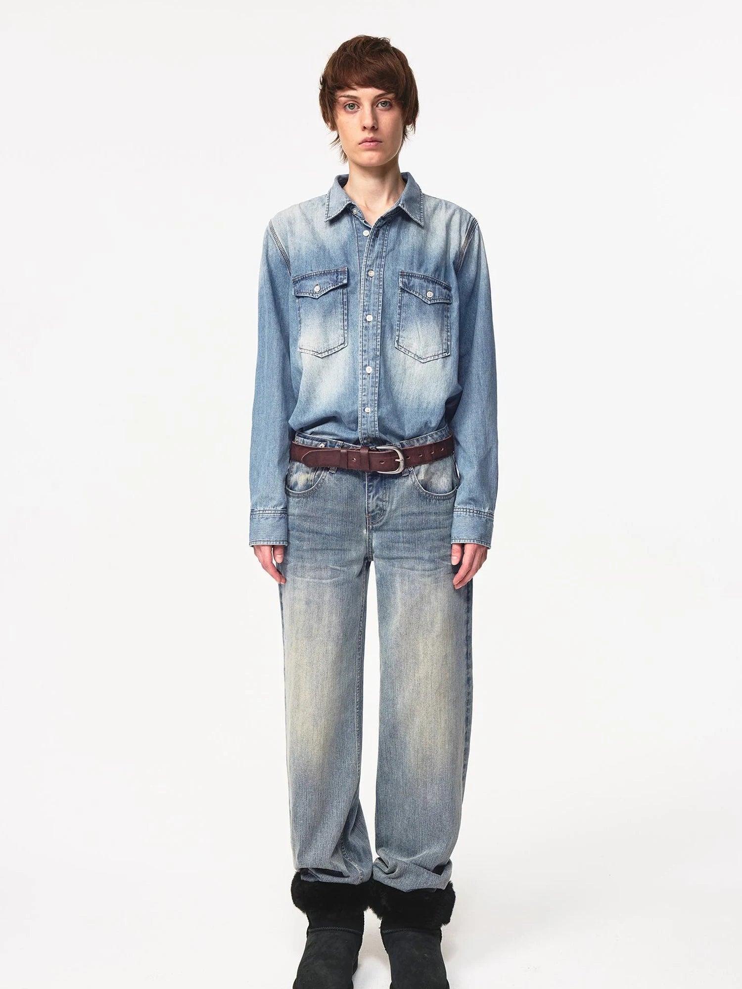 Vintage Washed Denim Shirt Jacket Lightweight Loose Fit