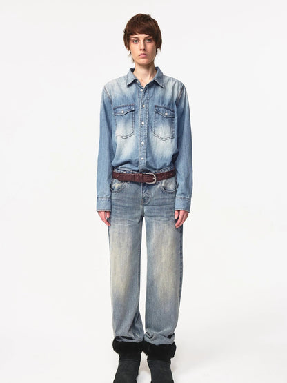 Vintage Washed Denim Shirt Jacket Lightweight Loose Fit