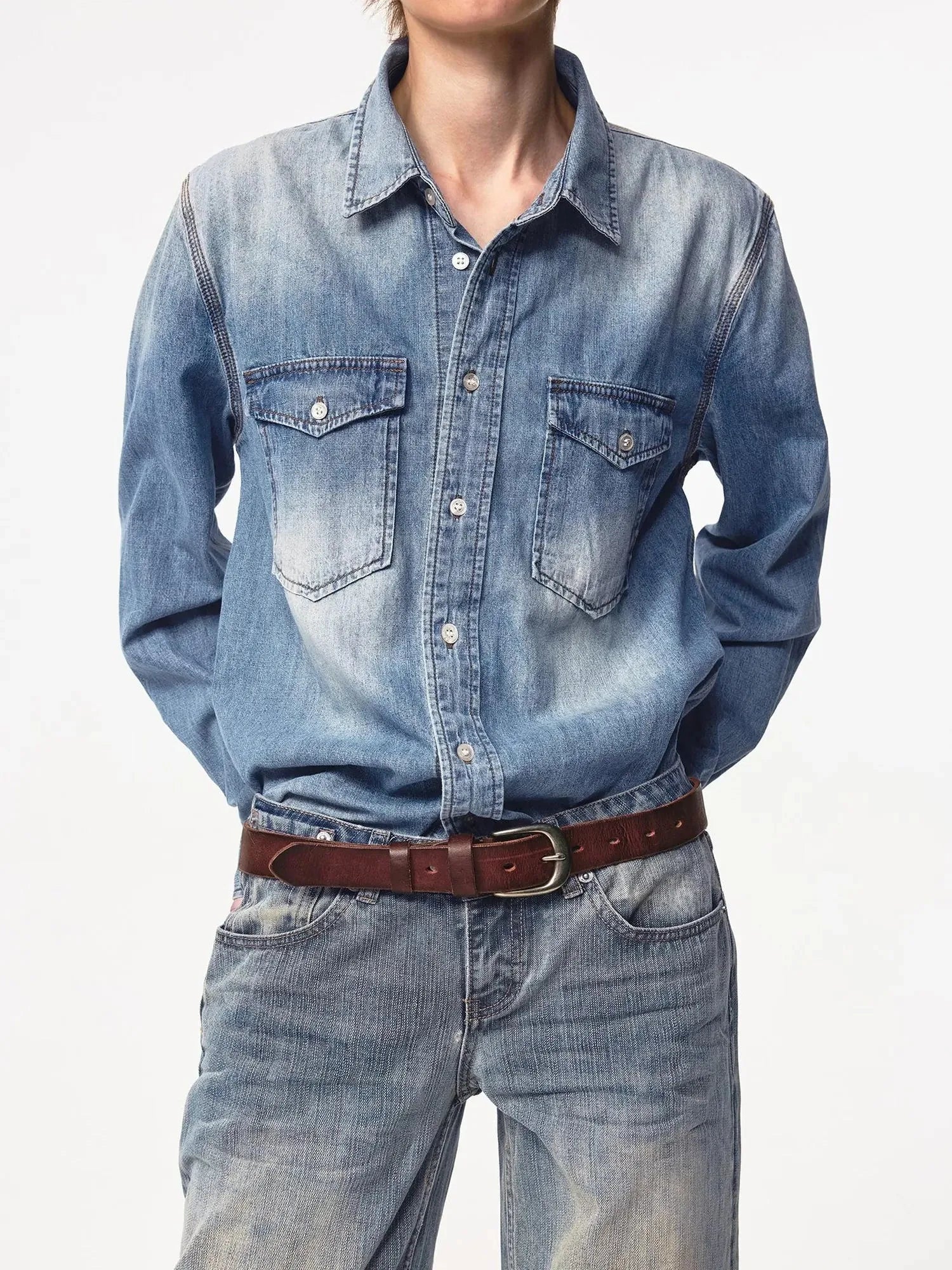 Vintage Washed Denim Shirt Jacket Lightweight Loose Fit