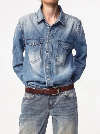 Vintage Washed Denim Shirt Jacket Lightweight Loose Fit