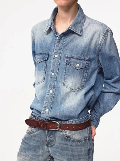 Vintage Washed Denim Shirt Jacket Lightweight Loose Fit
