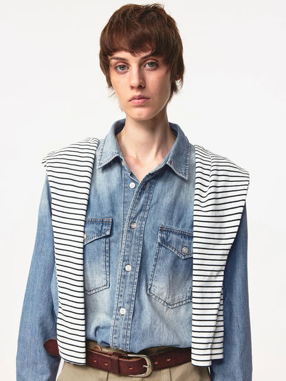 Vintage Washed Denim Shirt Jacket Lightweight Loose Fit