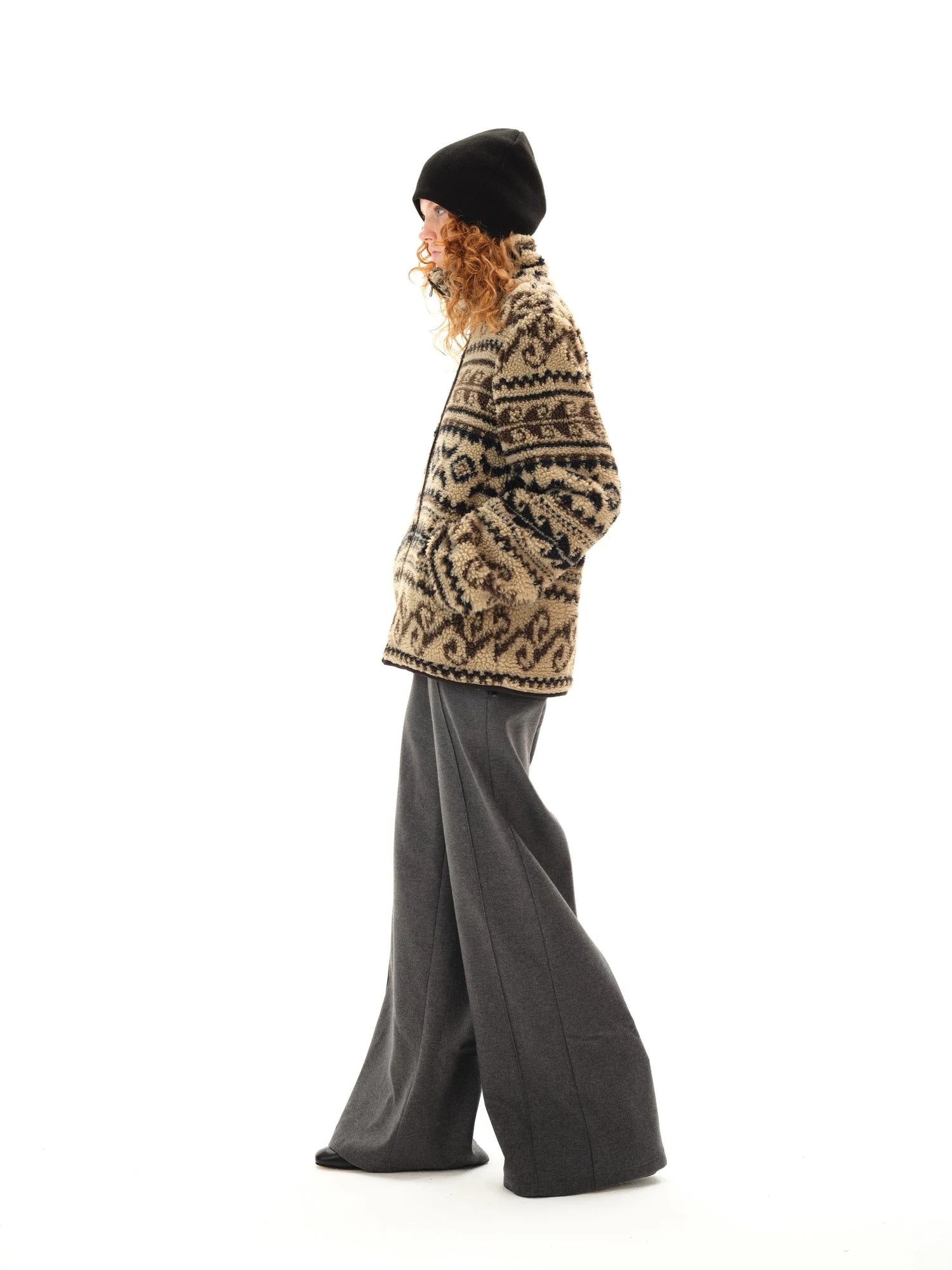 Vintage Western Curly Fleece Jacket V-neck T-shirt Long Sleeve