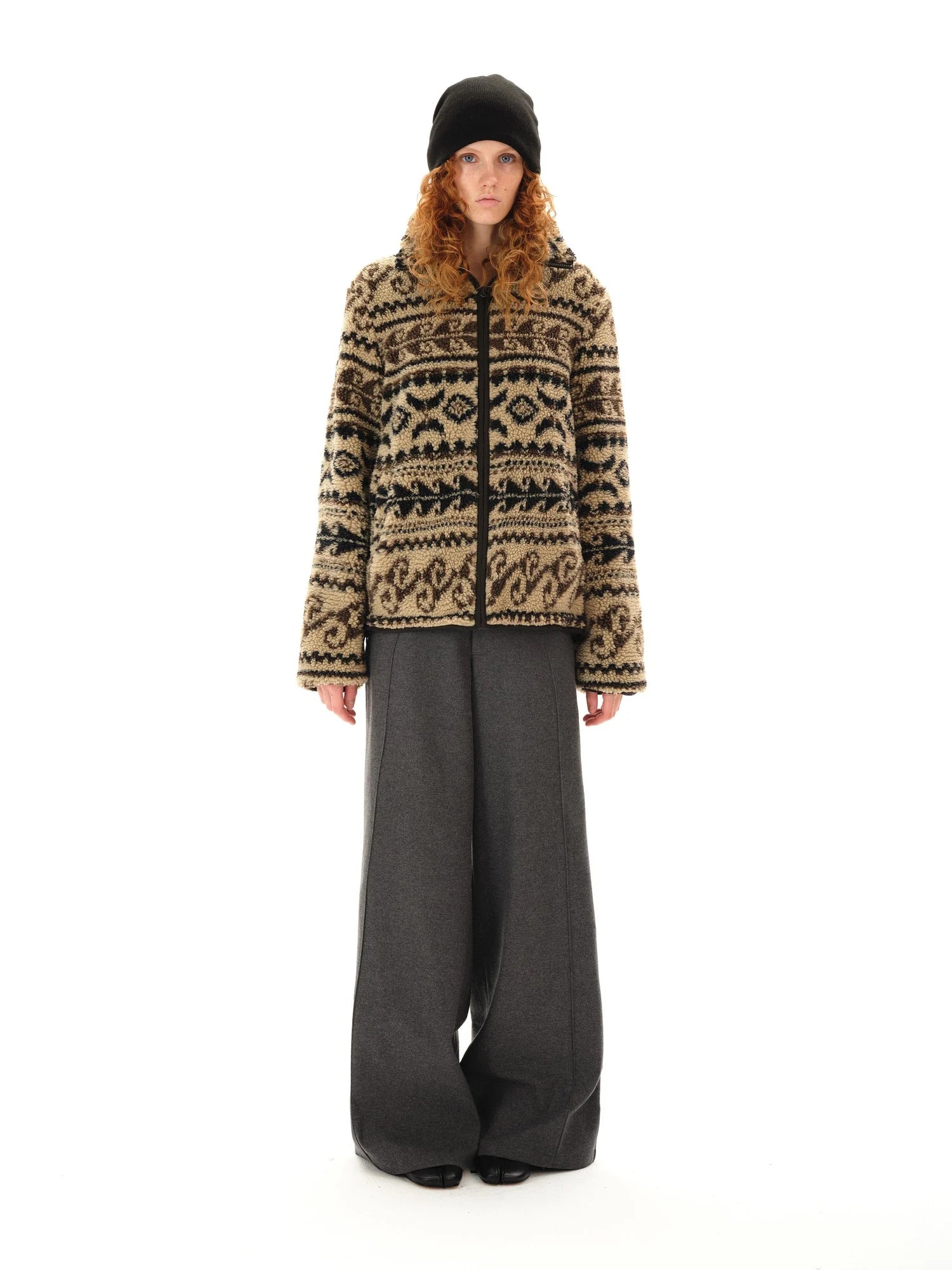 Vintage Western Curly Fleece Jacket V-neck T-shirt Long Sleeve