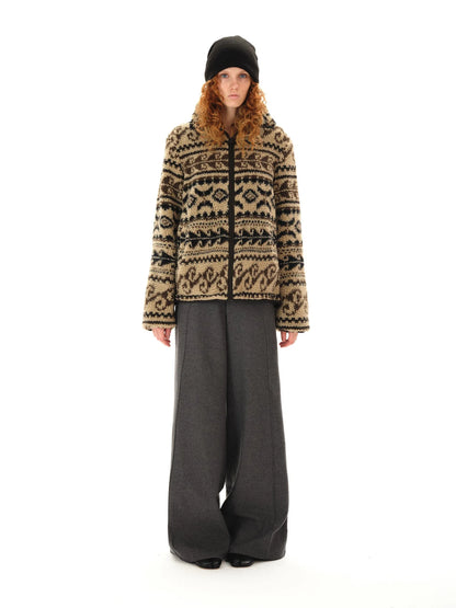 Vintage Western Curly Fleece Jacket V-neck T-shirt Long Sleeve