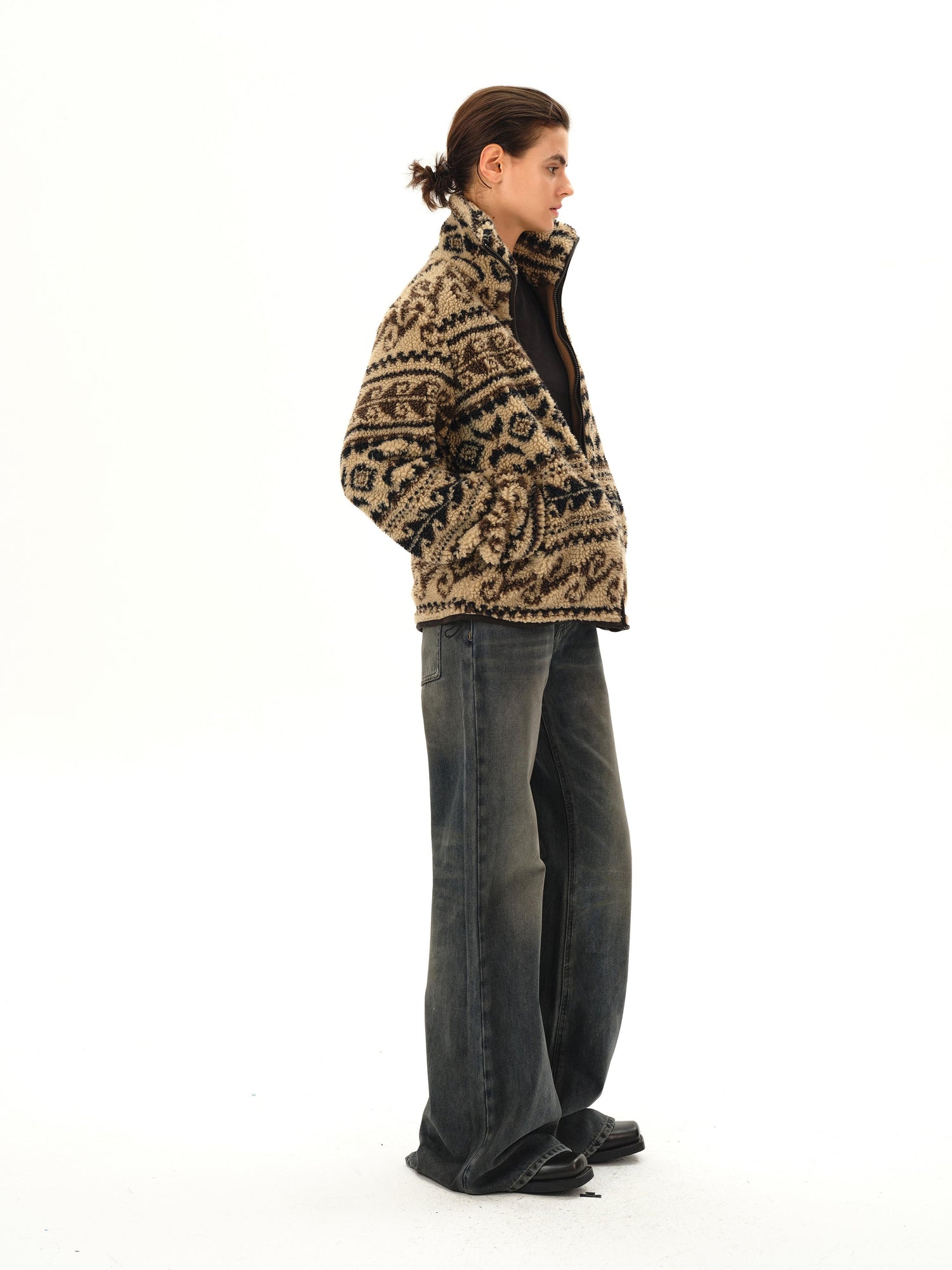 Northbutsouth Vintage Western Curly Fleece Jacket V-neck T-shirt Long Sleeve