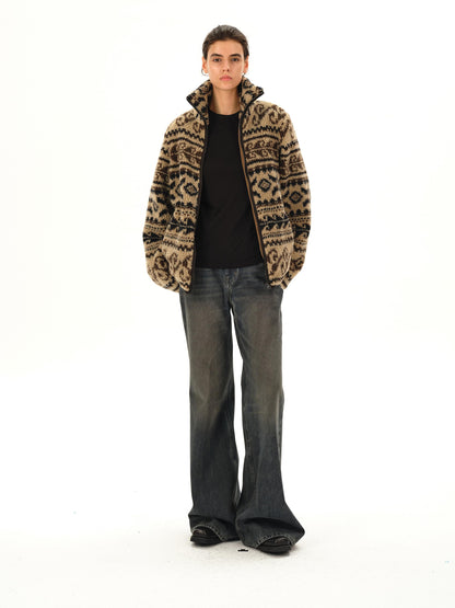Northbutsouth Vintage Western Curly Fleece Jacket V-neck T-shirt Long Sleeve