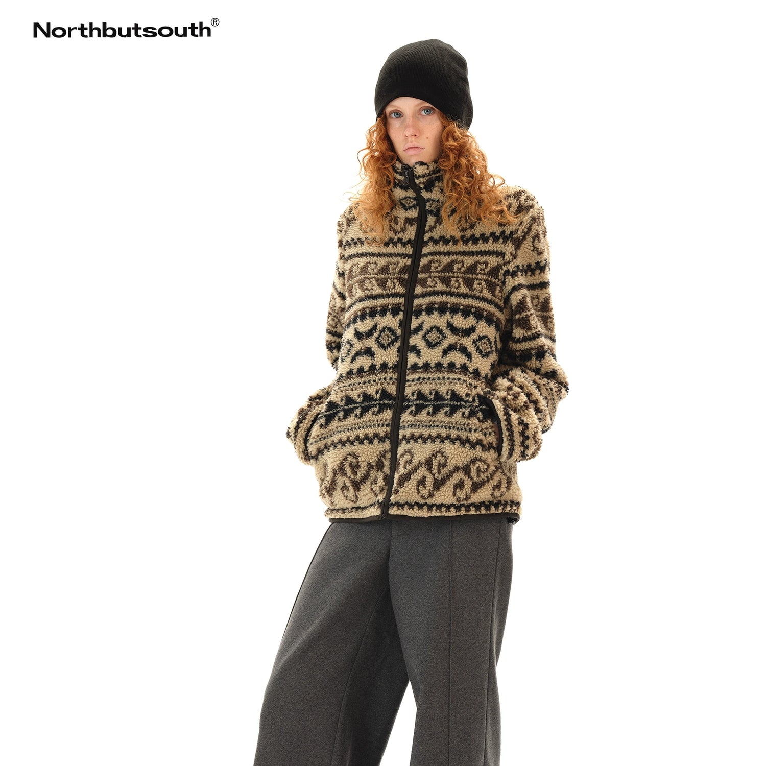 Northbutsouth Vintage Western Curly Fleece Jacket V-neck T-shirt Long Sleeve MISSTT