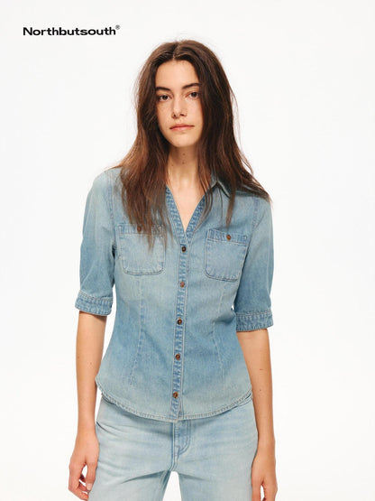 Northbutsouth Washed Denim Blue Vintage V-neck Cinched Waist Women&