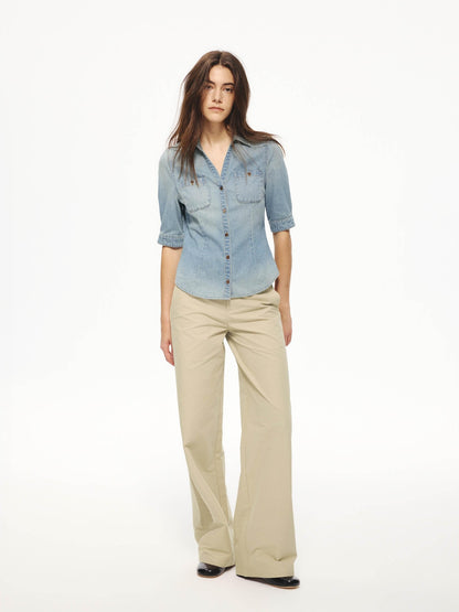 Northbutsouth Washed Denim Blue Vintage V-neck Cinched Waist Women&