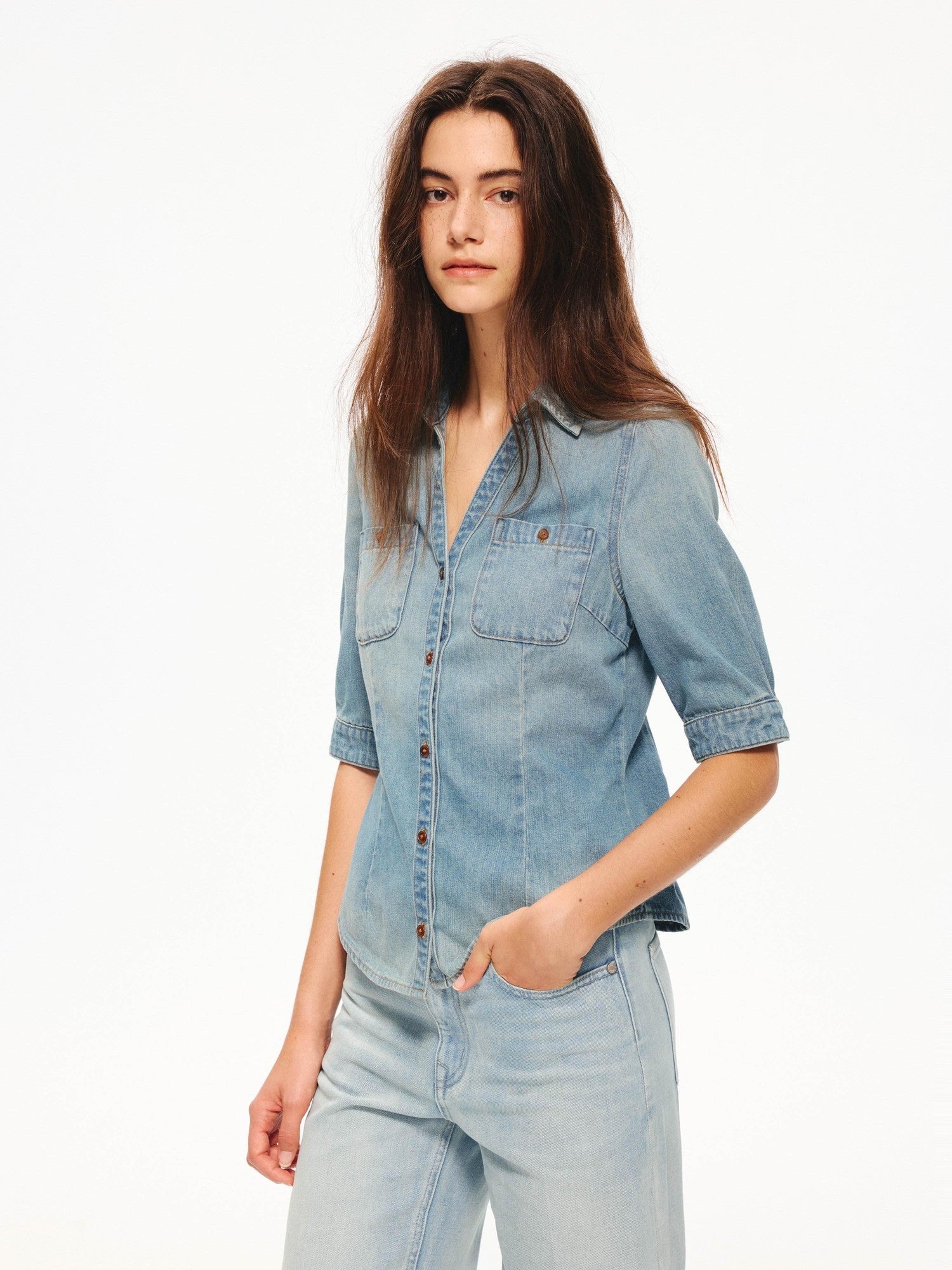 Northbutsouth Washed Denim Blue Vintage V-neck Cinched Waist Women&