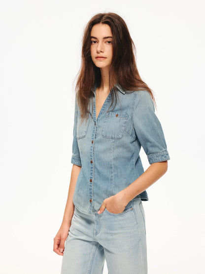 Northbutsouth Washed Denim Blue Vintage V-neck Cinched Waist Women&