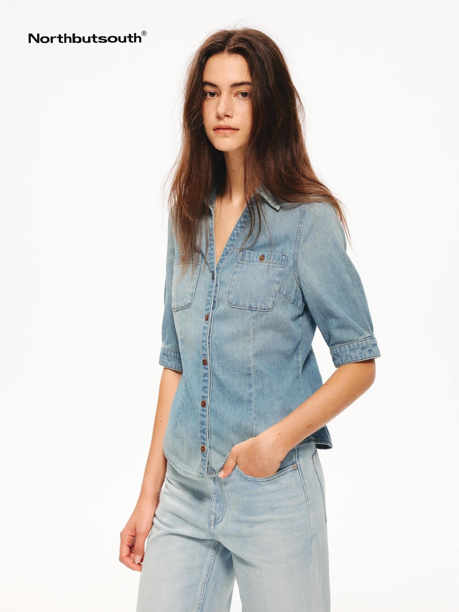 Northbutsouth Washed Denim Blue Vintage V-neck Cinched Waist Women&