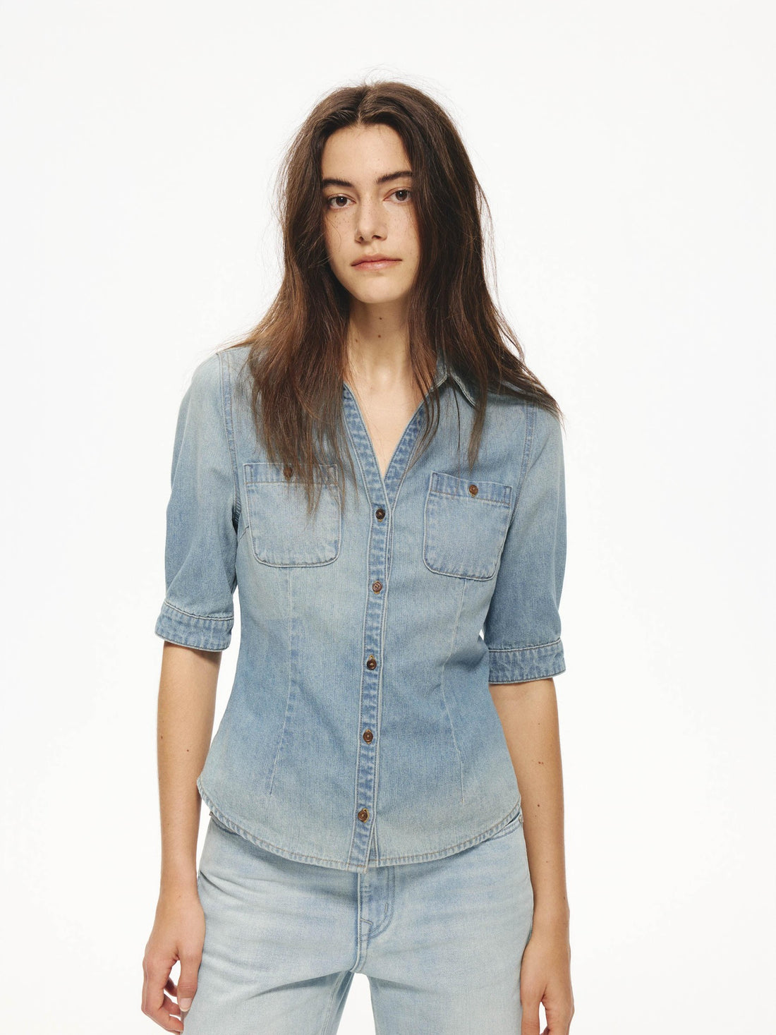 Northbutsouth Washed Denim Blue Vintage V-neck Cinched Waist Women&