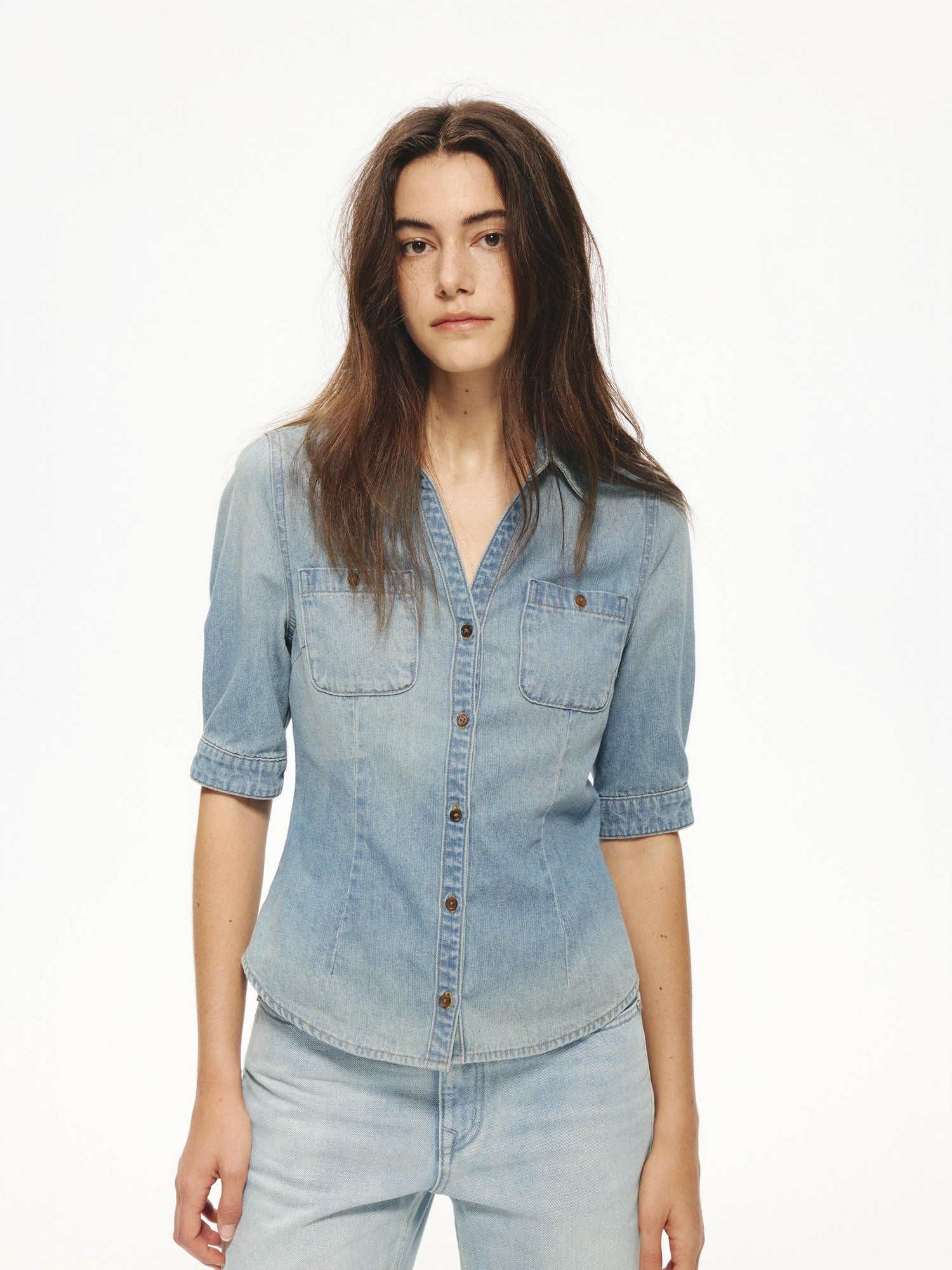 Northbutsouth Washed Denim Blue Vintage V-neck Cinched Waist Women&