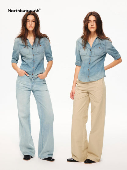 Northbutsouth Washed Denim Blue Vintage V-neck Cinched Waist Women&
