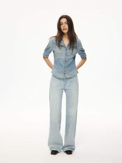 Northbutsouth Washed Denim Blue Vintage V-neck Cinched Waist Women&