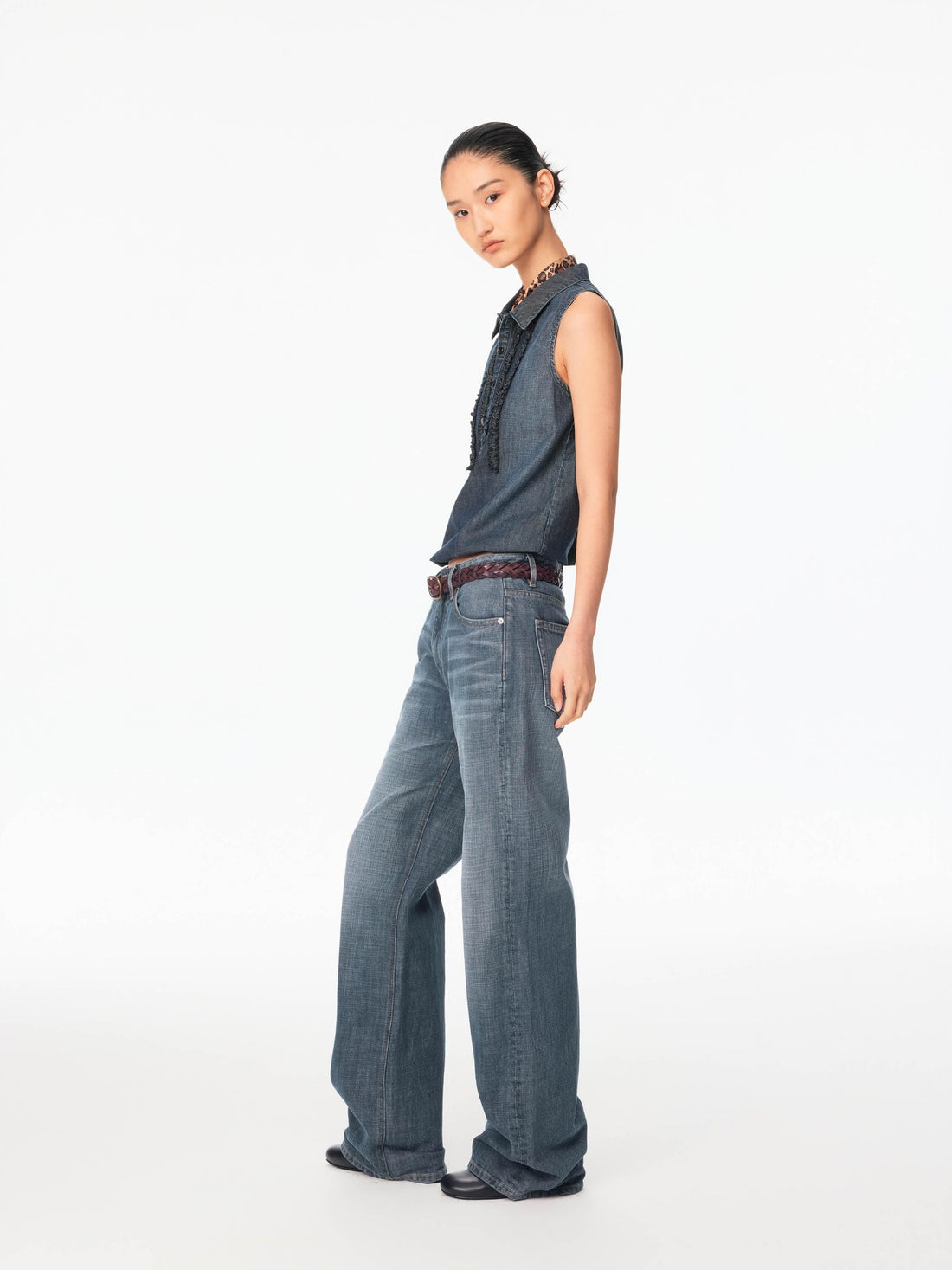 Northbutsouth Washed Denim Lace Collared Loose Women&