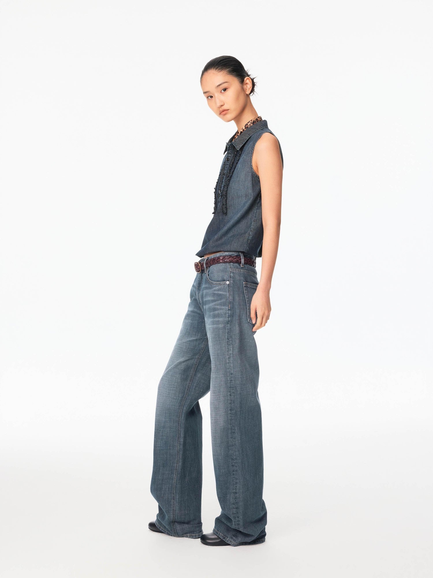 Northbutsouth Washed Denim Lace Collared Loose Women&