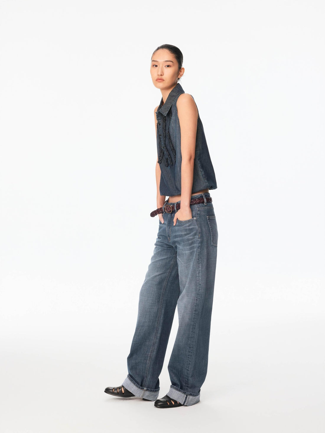 Northbutsouth Washed Denim Lace Collared Loose Women&