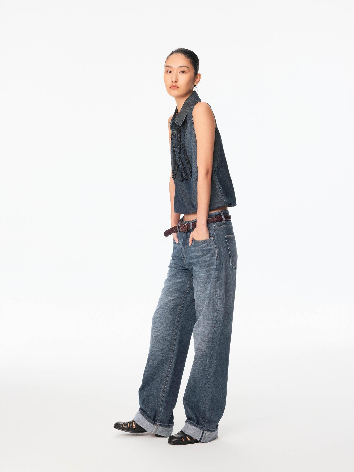 Northbutsouth Washed Denim Lace Collared Loose Women&