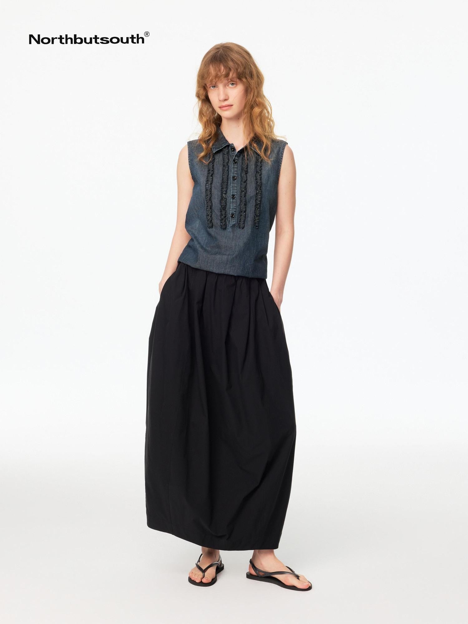 Northbutsouth Washed Denim Lace Collared Loose Women&