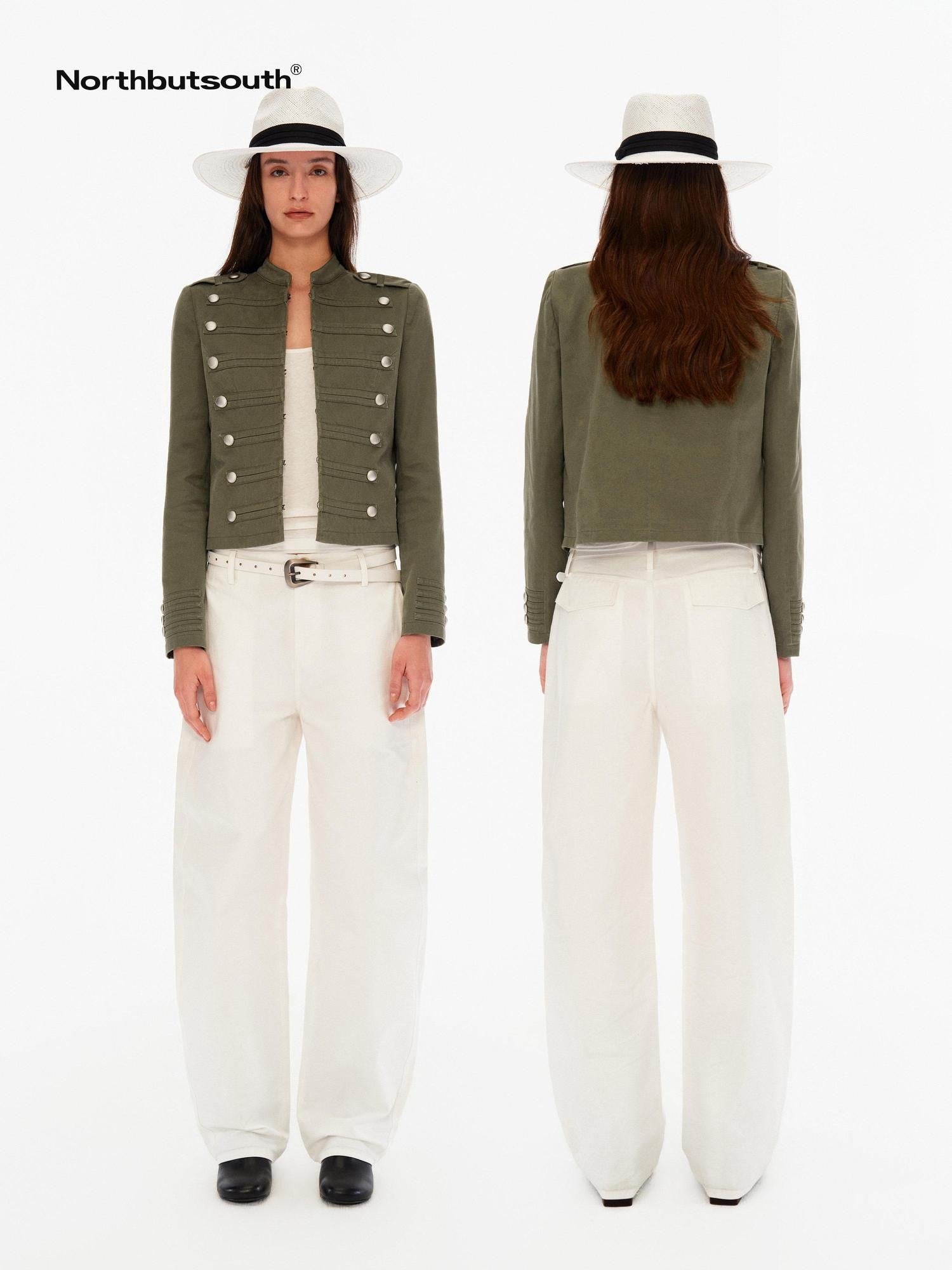 Northbutsouth Washed Distressed Stand Collar Slim Snap Women&