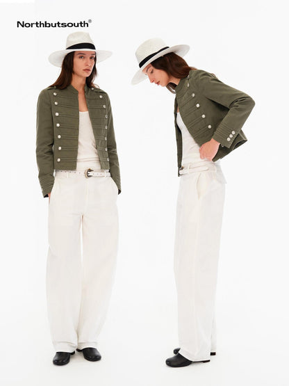 Northbutsouth Washed Distressed Stand Collar Slim Snap Women&