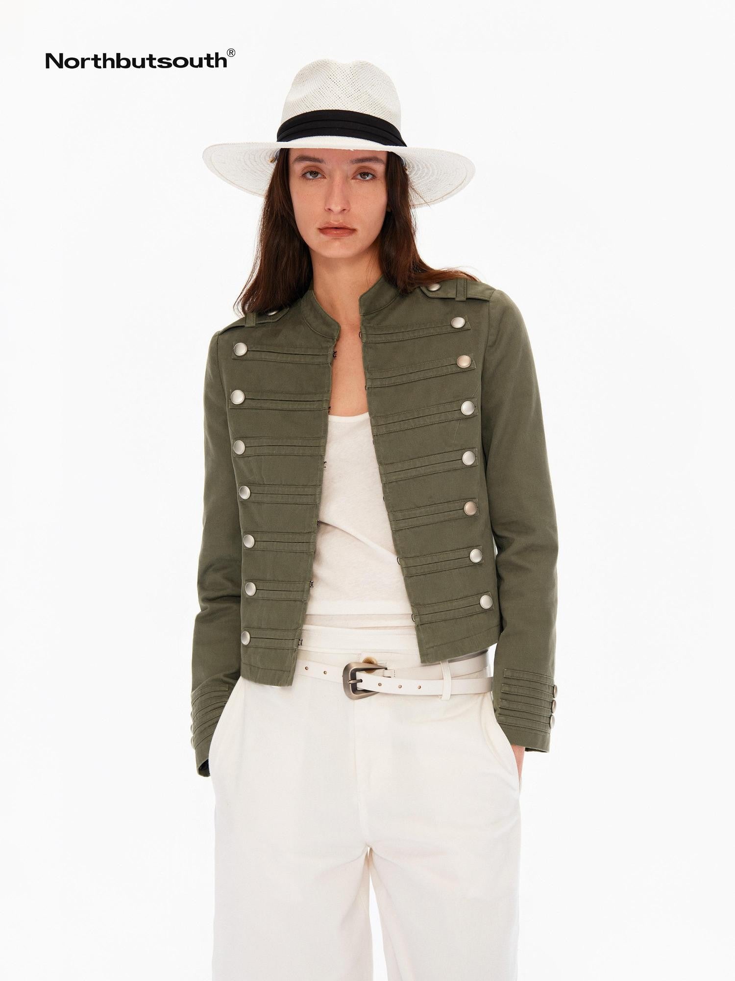 Northbutsouth Washed Distressed Stand Collar Slim Snap Women&