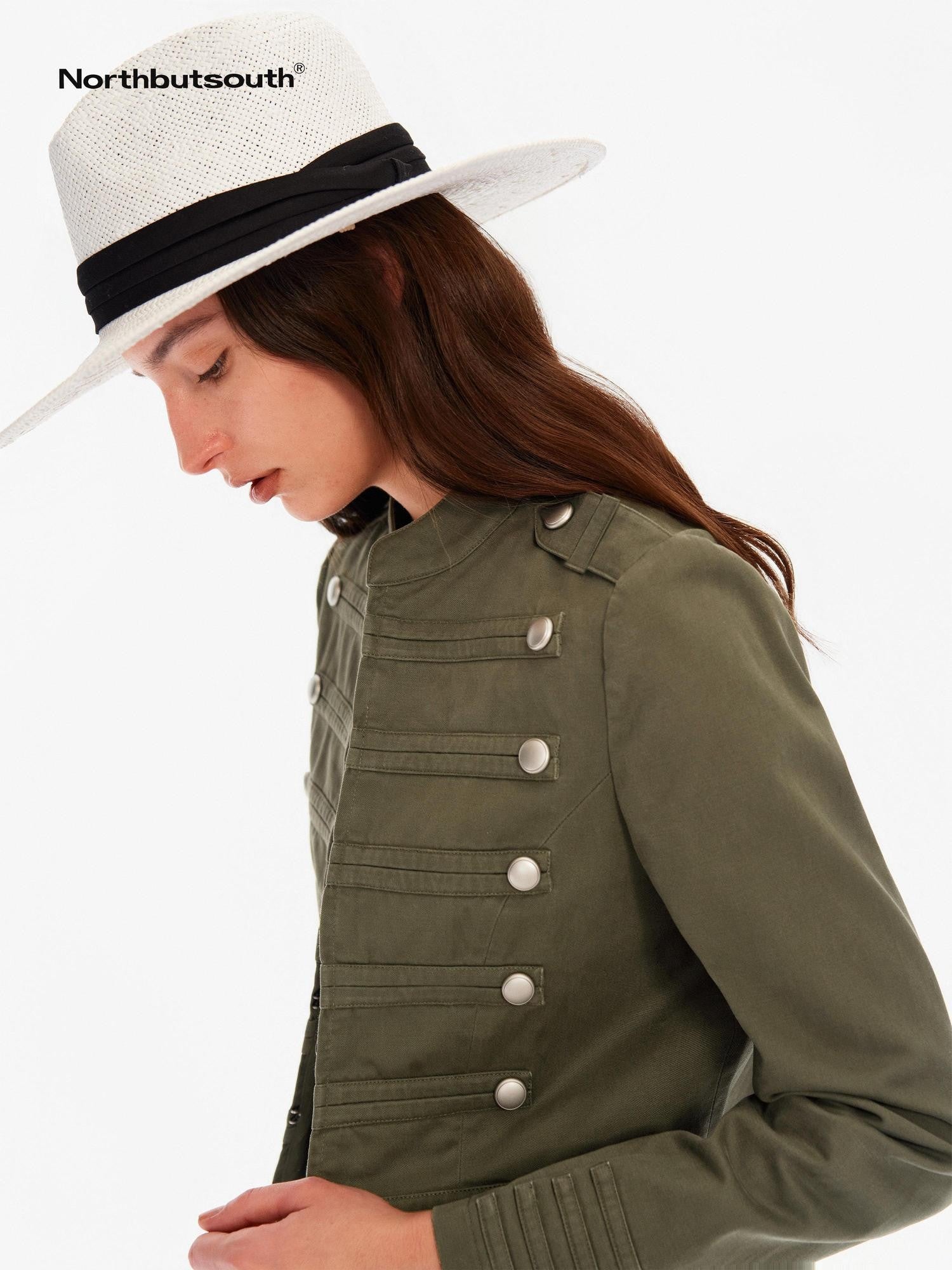 Northbutsouth Washed Distressed Stand Collar Slim Snap Women&