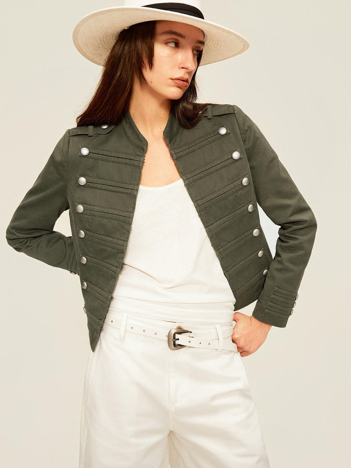 Northbutsouth Washed Distressed Stand Collar Slim Snap Women&