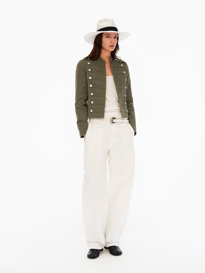 Northbutsouth Washed Distressed Stand Collar Slim Snap Women&