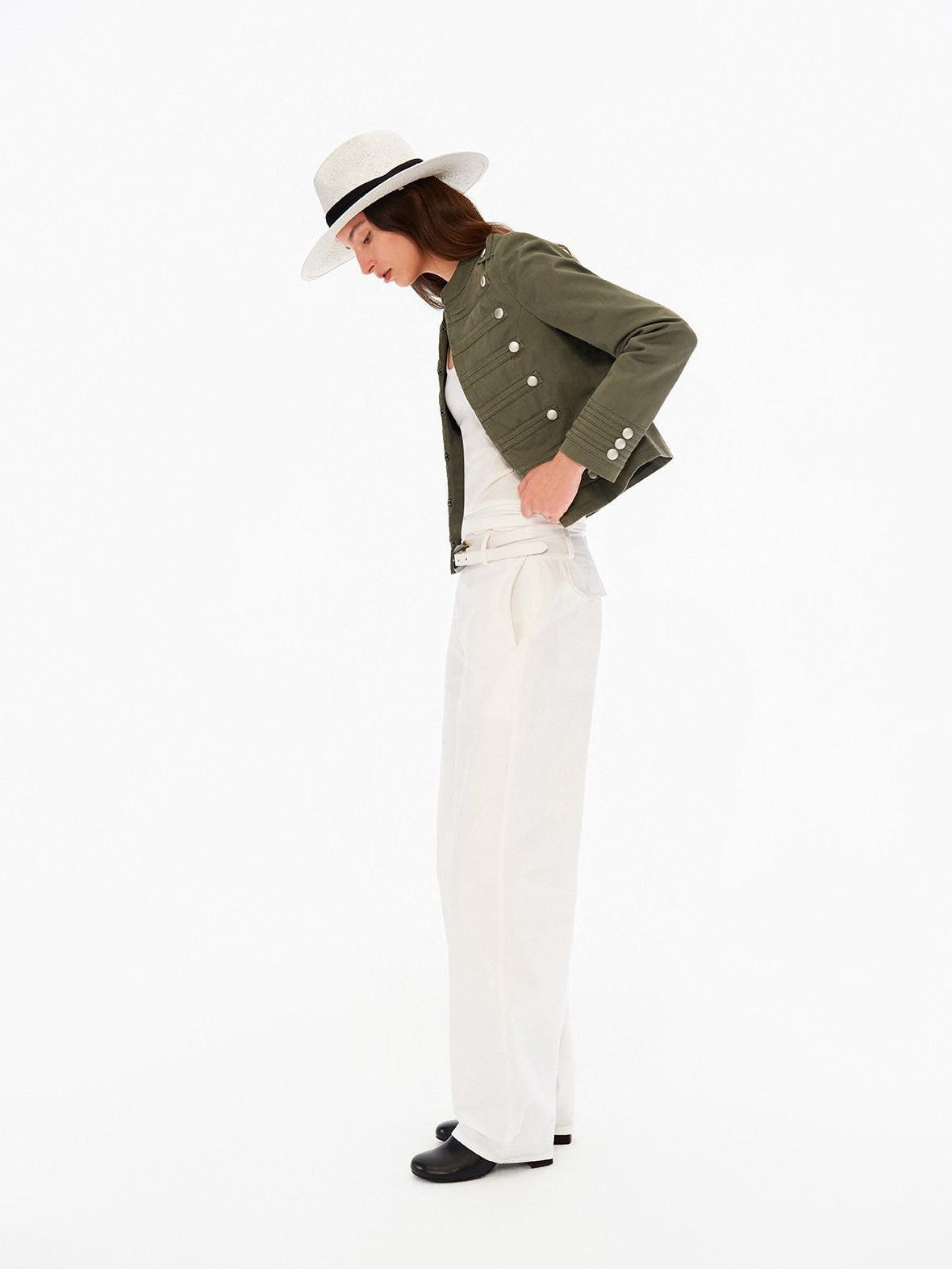 Northbutsouth Washed Distressed Stand Collar Slim Snap Women&