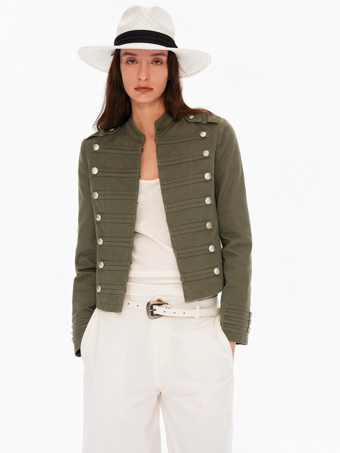 Northbutsouth Washed Distressed Stand Collar Slim Snap Women&