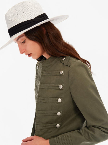 Northbutsouth Washed Distressed Stand Collar Slim Snap Women&