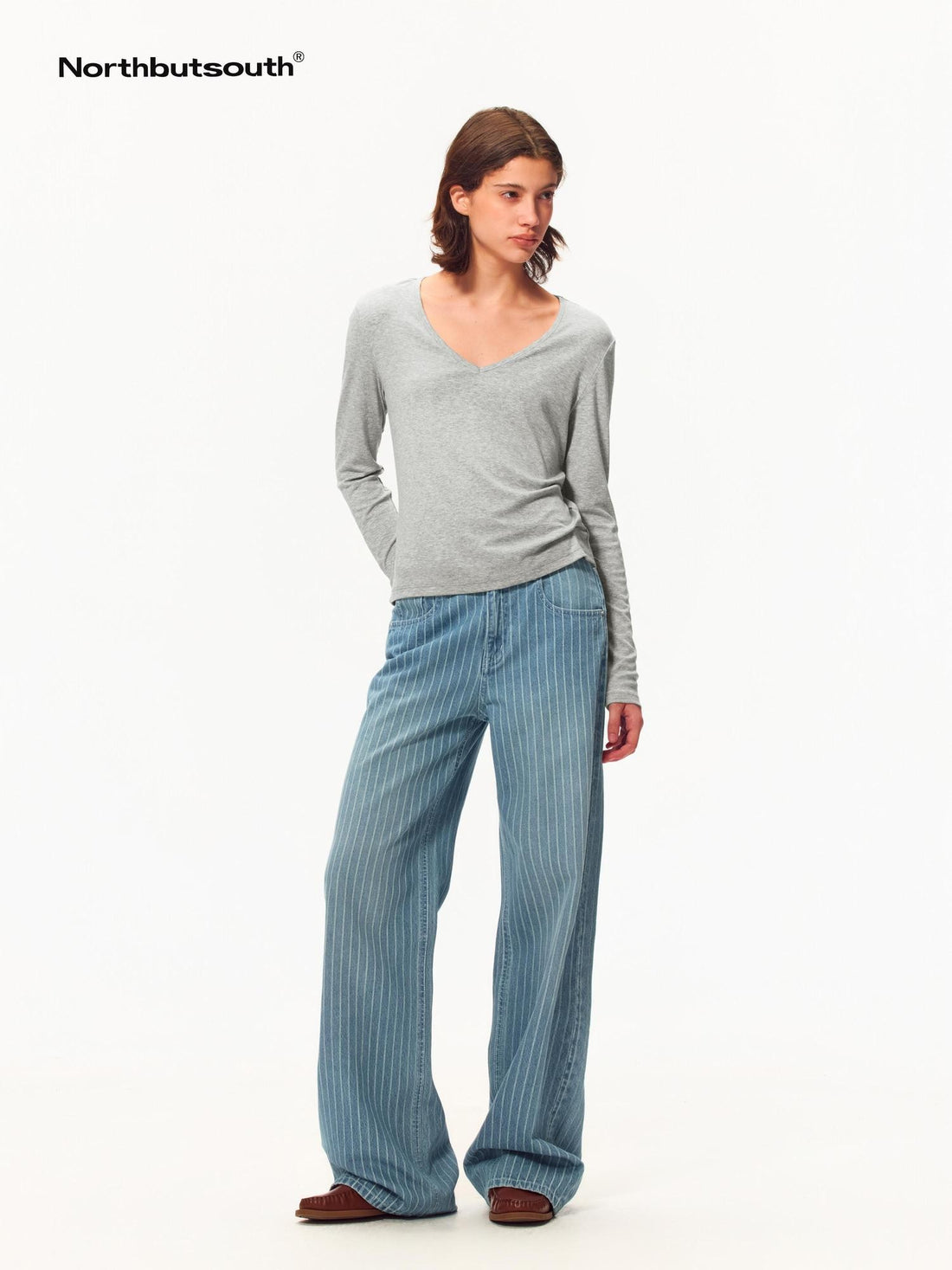 Northbutsouth Washed Faded Blue White Striped Loose Fit Women&