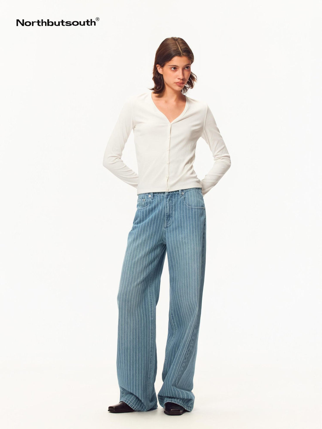 Northbutsouth Washed Faded Blue White Striped Loose Fit Women&