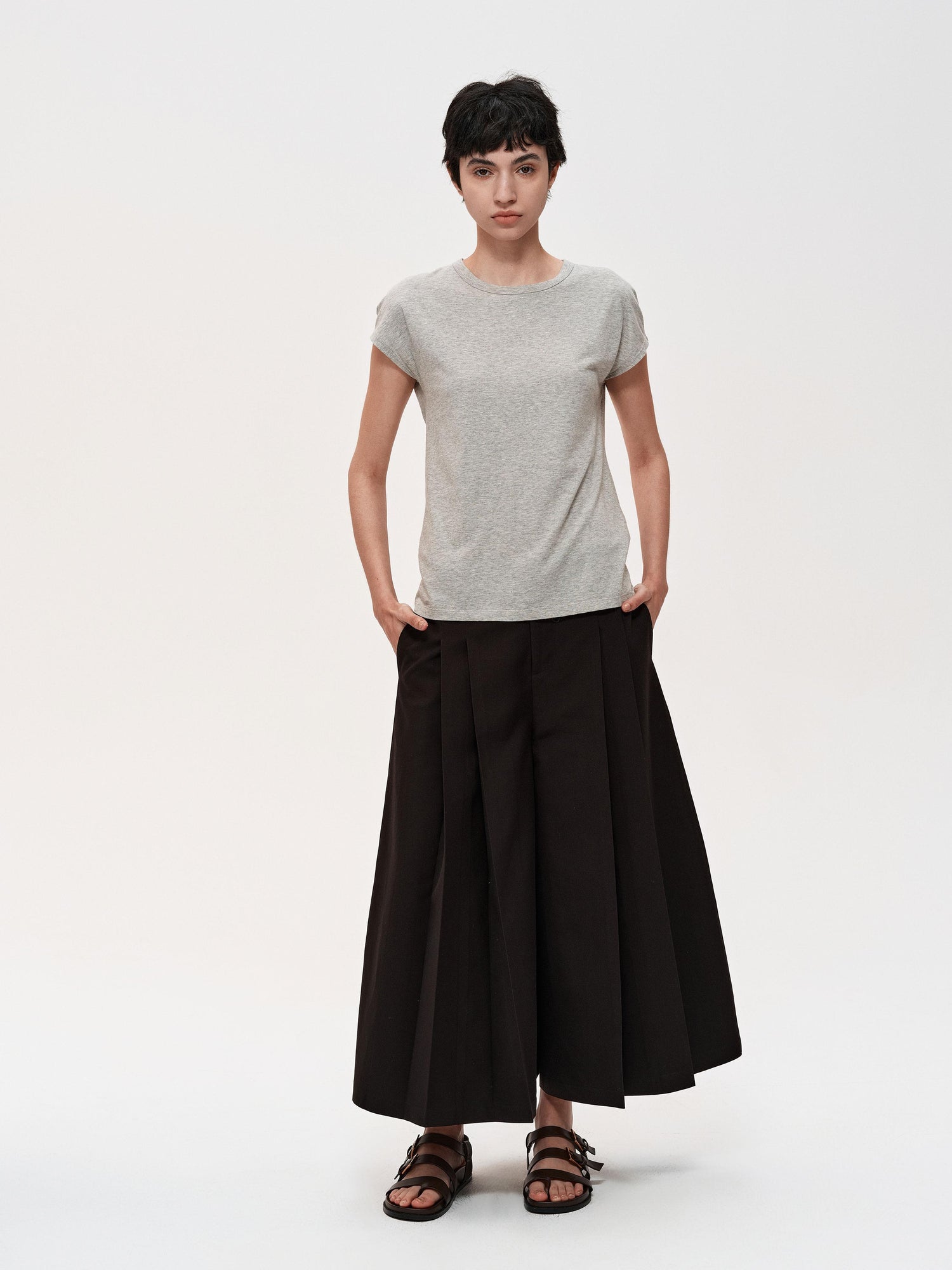 Northbutsouth Wool Blend Pleated Wide Leg Cropped Trouser Shorts
