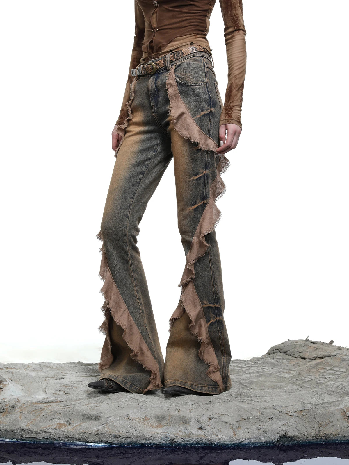 Distressed Denim Flared Pants With Cape Detailing