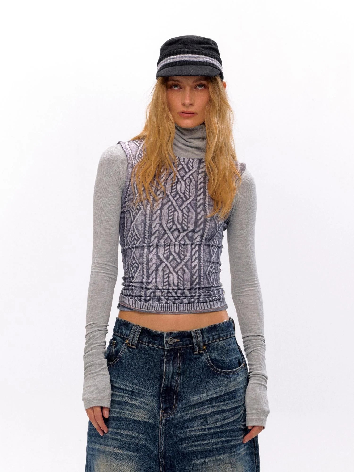 3D Cable Knit Mock Two Piece Top