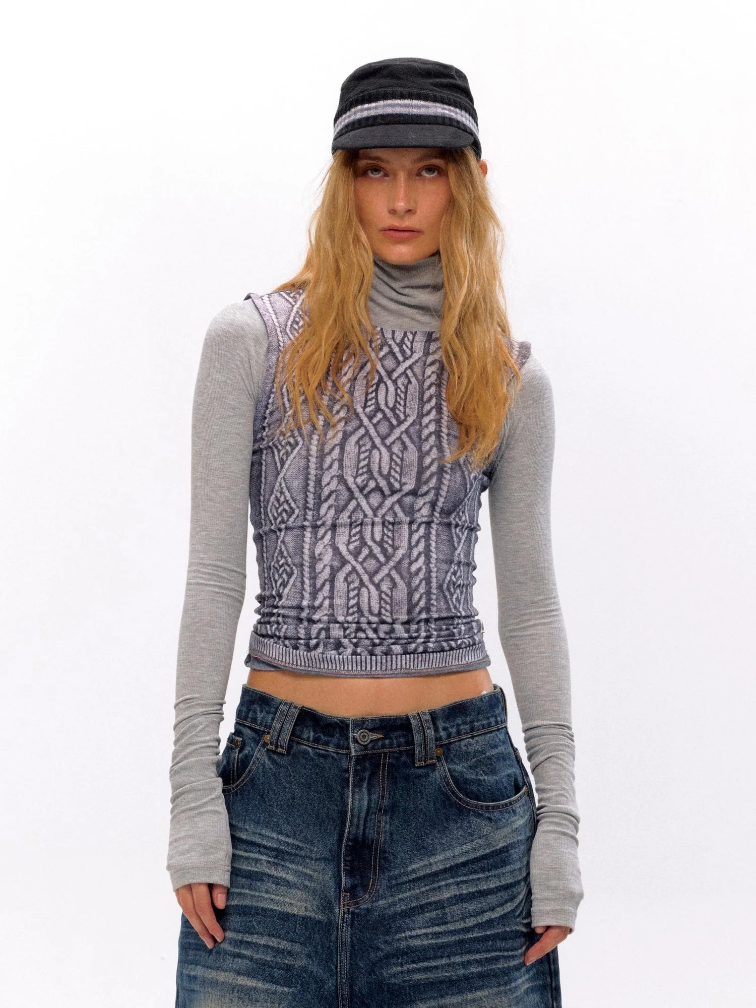 3D Cable Knit Mock Two Piece Top